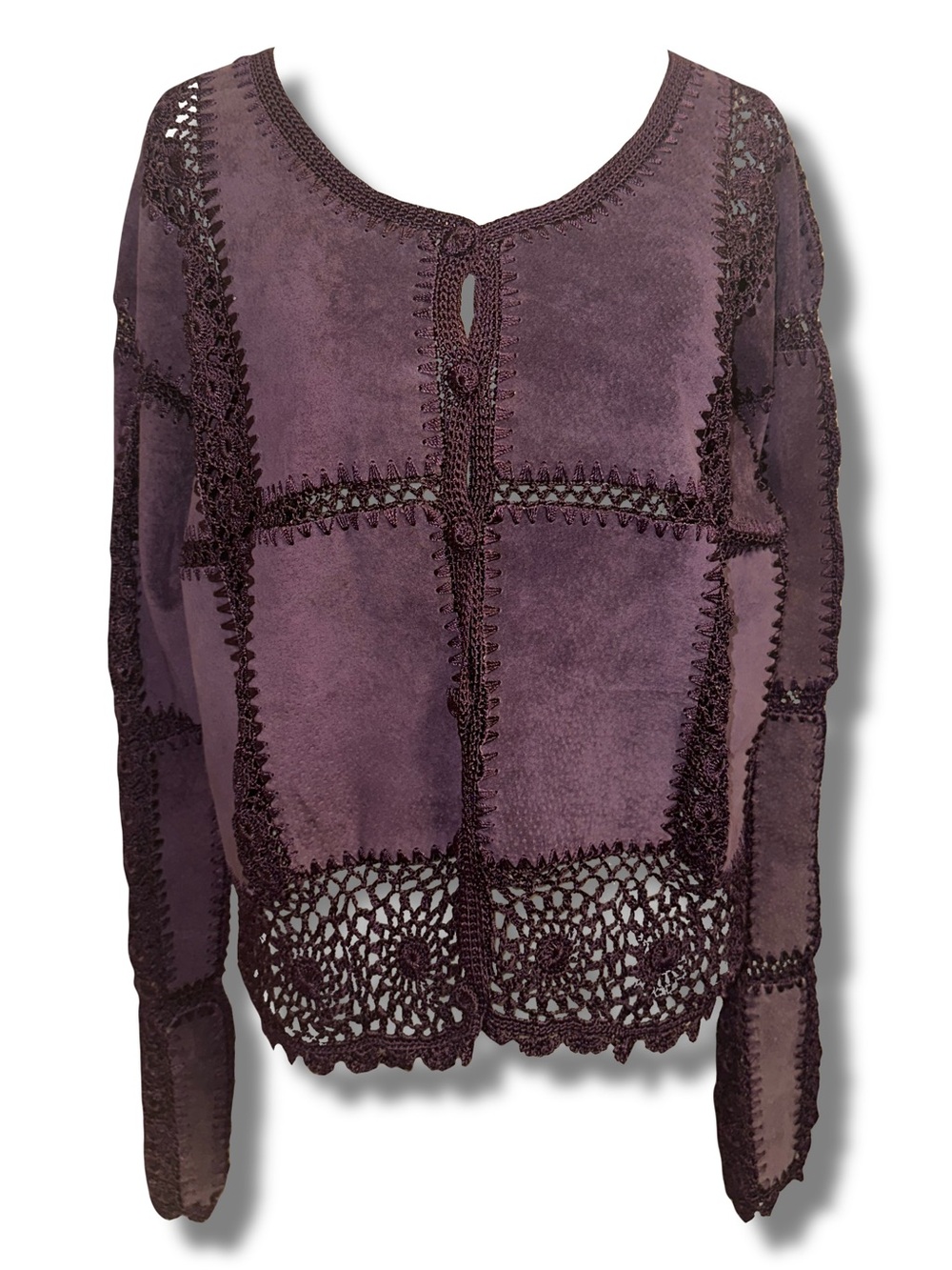 Vtg Plum Leather & Crochet Patchwork Jacket